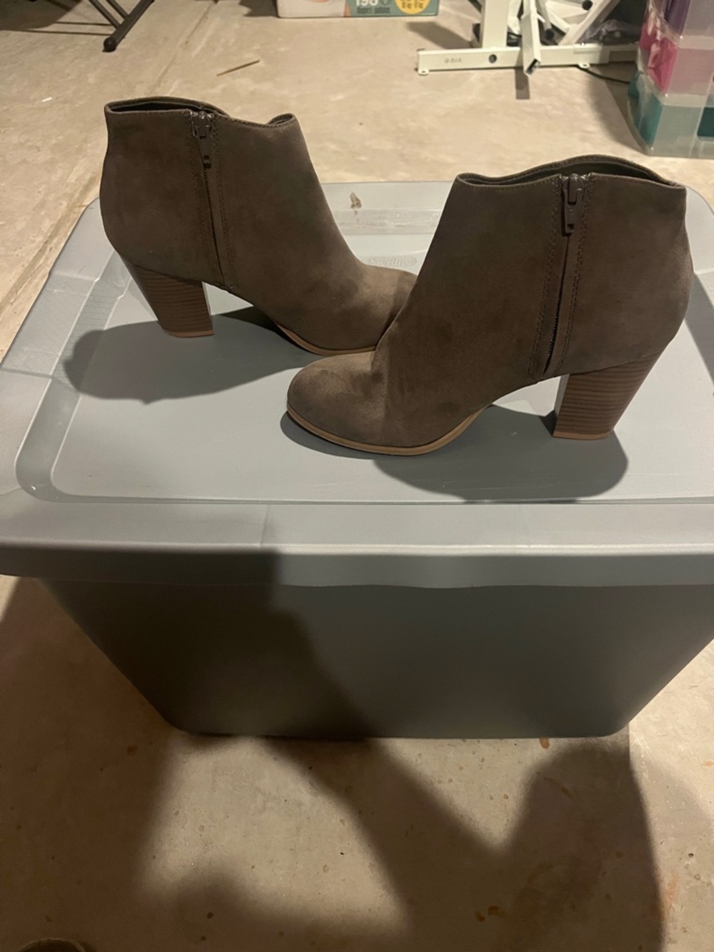 Old Navy Taupe Suede Ankle Booties with Stacked Heel